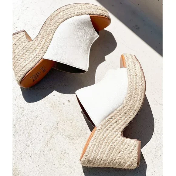 NEW White Faux Leather Espadrille Chunky Platform Wedge Slip On Slides Sandals - Picture 13 of 15